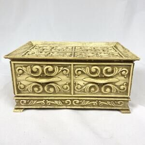 Vtg Lerner Jewelry Organizer Box Faux Carved Wood Red Velvet Lined w/ Drawer